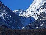 14 Steep, Ice And Snow Clad Mesokanto La The way from the base of the Mesokanto La at around 4800m is very steep at first.  Gyan scrambled up part way to confirm that it was too dangerous to ascend. I was glad when he got safely back down to us.